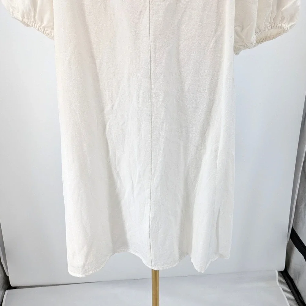 Crescent Linen Blend Dress Puff Sleeve Square Neck Cream Mini‎ L Summer Chic